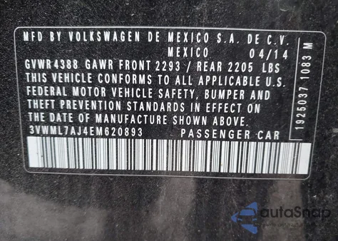 2014 Volkswagen Jetta Sportwagen 2.0L Tdi z USA, uszkodzony, nr VIN 3VWML7AJ4EM620893